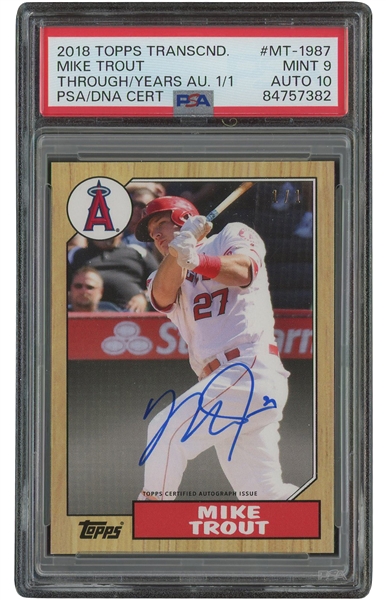 2018 Topps Transcendent (1987 Topps Throwback) #MT-1987 Mike Trout "1/1" Autograph Card – PSA MINT 9, PSA/DNA 10 Auto.