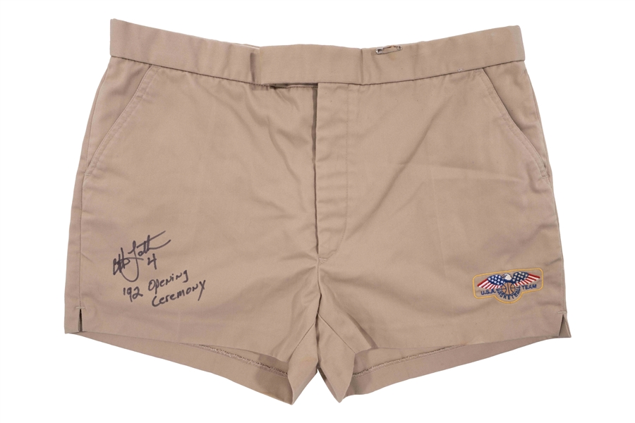 Christian Laettners Signed & Inscribed 1992 Barcelona Summer Olympics USA Team Khaki Shorts Issued for Opening Ceremony – Laettner Collection