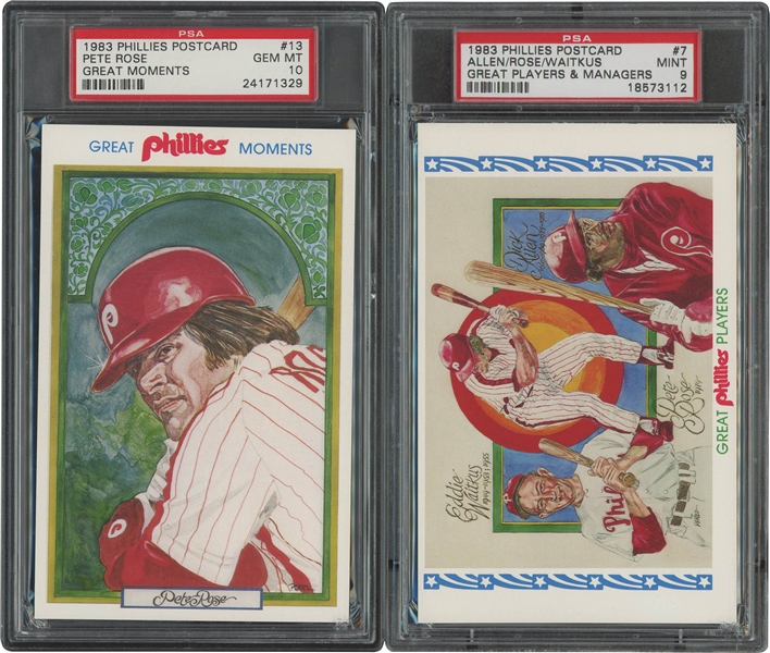 1983 Phillies Postcard Great Moments Pair of Pete Rose (PSA GEM MT 10) and Great Players & Managers Allen/Rose/Waitkus (PSA MINT 9)