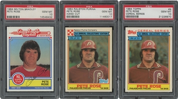 1984 Topps Cereal Series, 84 Ralston Purina, and 84 Milton Bradley Trio of Pete Rose Cards – All PSA Gem Mint 10