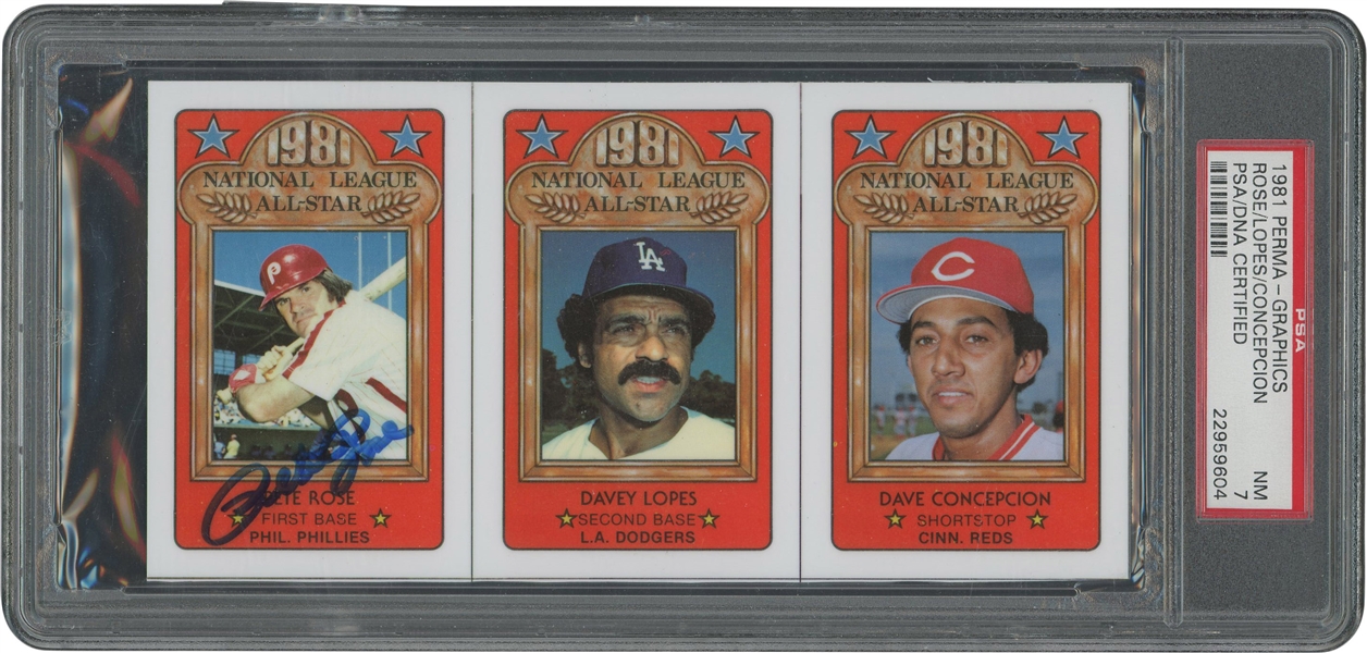 1981 Perma-Graphics All Star Credit Cards Rose/Lopes/Concepcion Panel Signed by Rose – PSA NM 7, PSA/DNA Auth.