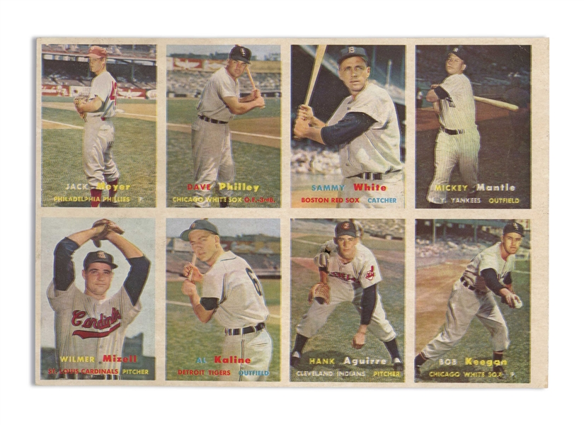 1957 Topps Uncut Panel with 8 Cards including #95 Mickey Mantle