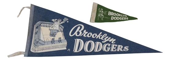 Rare Brooklyn Dodgers Early 1950s ("Da Bum Standing on Ebbets Field") Blue Felt Pennant and C. 1940s Kelly Green Mini Felt Pennant