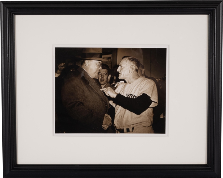 1957 Casey Stengel & Walter OMalley "The Hand Shake" Original Barney Stein Type II Framed Photograph – Stein Family Collection