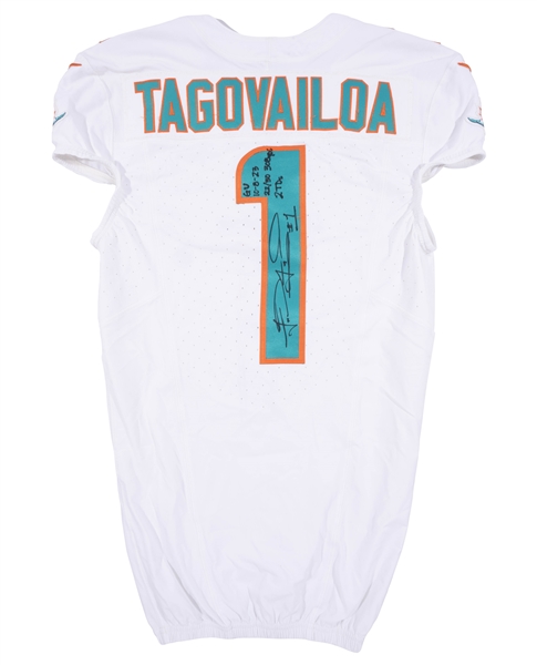 10/8/2023 Tua Tagovailoa Signed & Stats Inscribed Miami Dolphins Game Worn Home Jersey Photomatched to Win vs. NYG (308 Yds. & 2 TDs) – Davious Sports LOA, Fanatics Auth.