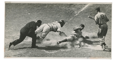 Timely 7/21/1948 Jackie Robinson Original Photograph Caught Stealing Home (Tagged Out by Cubs Catcher Bob Scheffing) – Scheffing Estate, PSA/DNA Type 1