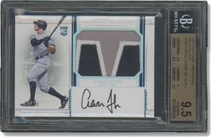 2017 Panini National Treasures Material Signatures Holo Silver #162 Aaron Judge Rookie Patch Auto (5/10) – BGS GEM MT 9.5, Beckett 10 Auto.