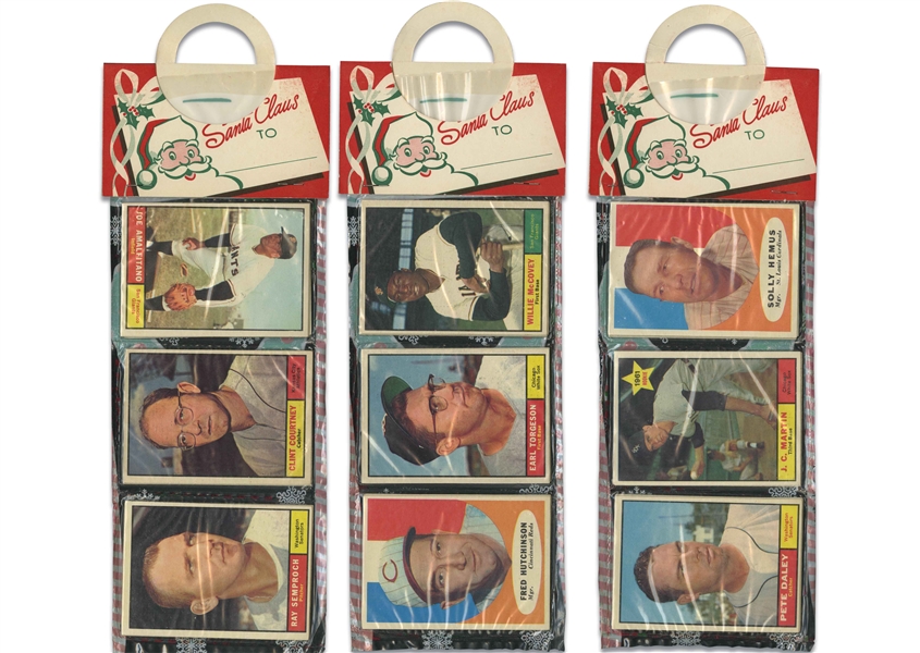 1961 Topps Baseball Trio of Unopened Christmas Rack Packs (36 Total Cards)