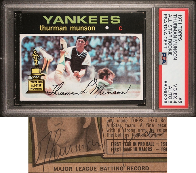 Hobby-Fresh 1971 Topps #5 All-Star Rookie Thurman Munson Signed Card – PSA VG-EX 4, PSA/DNA 8 Auto. (Stands Alone as Highest Dual-Grade Example!)