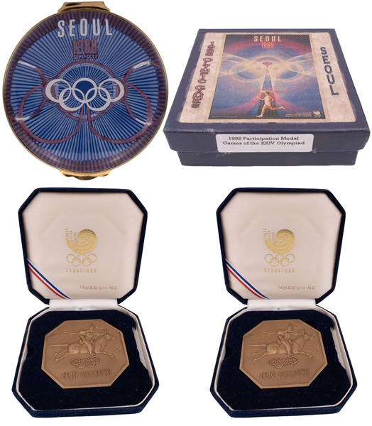 1988 Seoul Summer Olympics Athlete & Judge Bronze Participation Medals (w/ original cases) and Enameled Pill Box (Unique Trio)