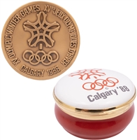 1988 Calgary Winter Olympics Bronze Participation Medal (w/ Original 68 Grenoble Box) and Lovely Enameled Pill Box (Rare Pairing)