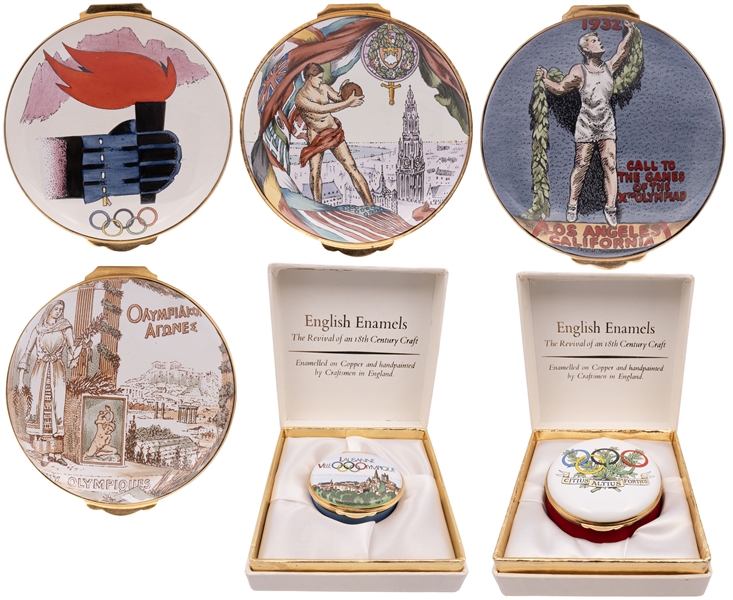 Group of (6) Lovely Enameled Olympics Pill Boxes incl. 1920 Antwerp, 1932 L.A., 1956 Cortina (Winter), 1996 Atlanta, and Two IOC Examples (Both w/ Original Cases)