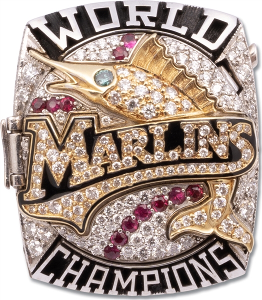 Massive 2003 Florida Marlins World Series 14K Gold Ring (Type A w/ Diamonds) Featuring Uniquely-Designed Watch Inside Ring & Huge Presentational Box (Issued to Scout)