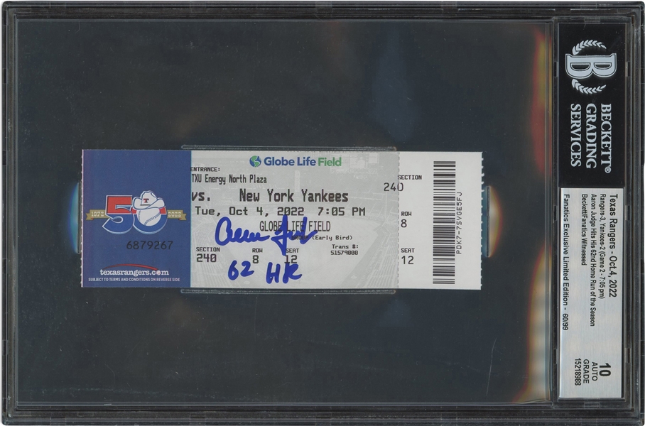 Oct. 4, 2022 Aaron Judge Signed A.L. Record-Breaking 62nd Home Run Game Full Ticket Inscribed "62 HR" (Fanatics Exclusive LE 60/99) – Beckett 10 Auto.