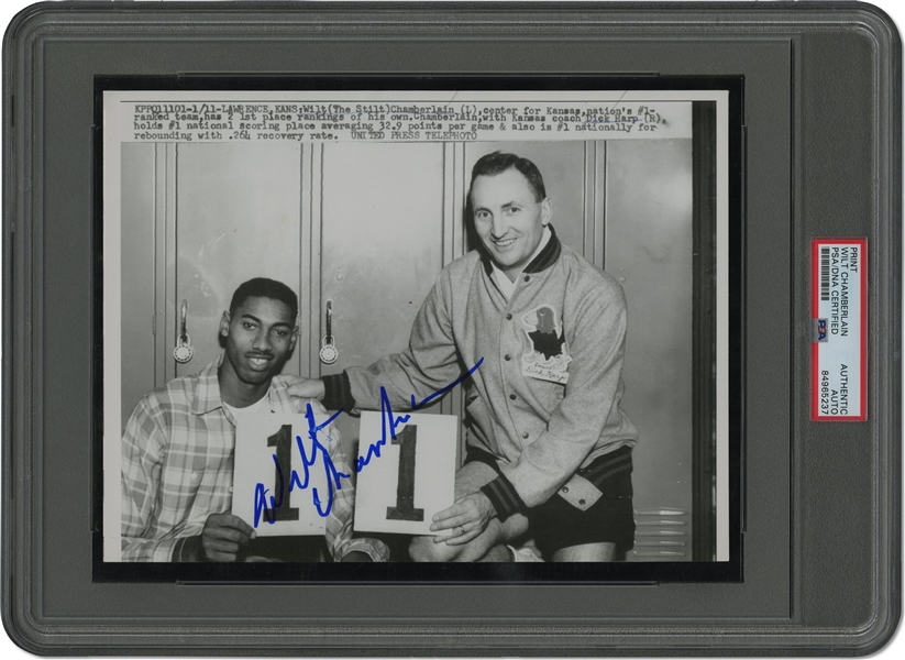 Wilt Chamberlain Autographed 1950s University of Kansas Jayhawks Photo Print with Head Coach Dick Harp – PSA/DNA Authentic