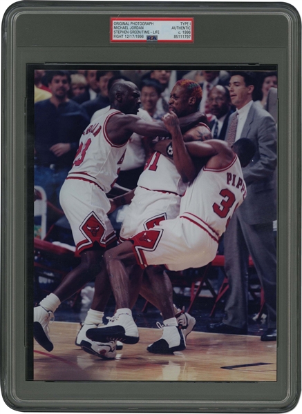 12/17/1996 Michael Jordan & Scottie Pippen Original Photograph Holding Back Dennis Rodman vs. L.A Lakers (First MJ vs. Kobe Matchup!) – PSA/DNA Type 1