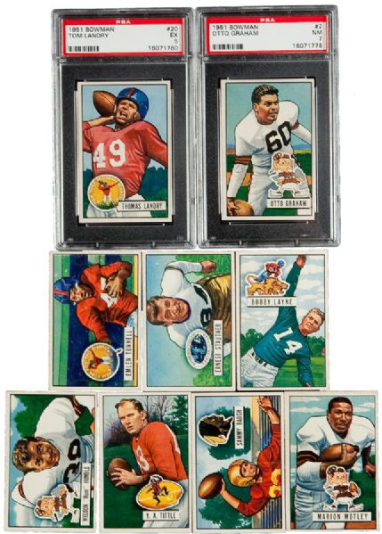 1951 BOWMAN FOOTBALL LOT OF 81 DIFFERENT WITH 16 HALL OF FAMERS INCLUDING LANDRY AND GRAHAM