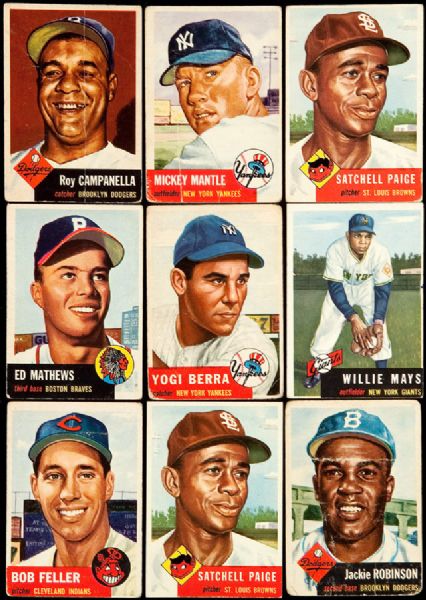 1953 TOPPS PARTIAL SET (197/274) WITH 19 HALL OF FAMERS INCLUDING MICKEY MANTLE AND WILLIE MAYS PLUS 70 EXTRAS