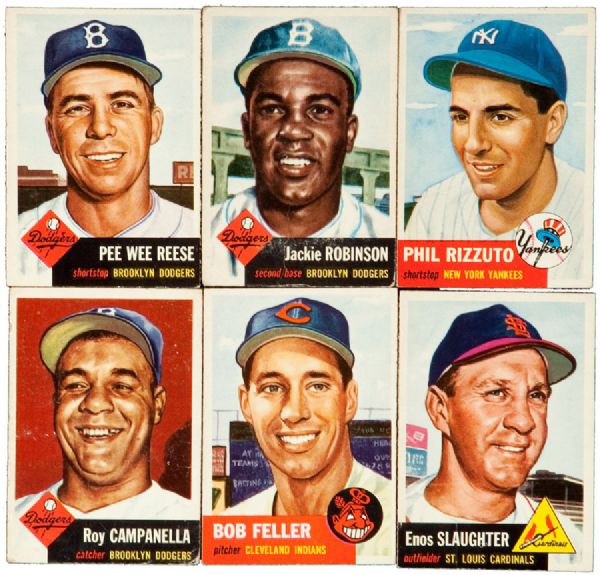 1953 TOPPS BASEBALL LOT OF 151 DIFFERENT INCLUDING ROBINSON, FELLER, CAMPANELLA, RIZZUTO AND 10 OTHER HALL OF FAMERS