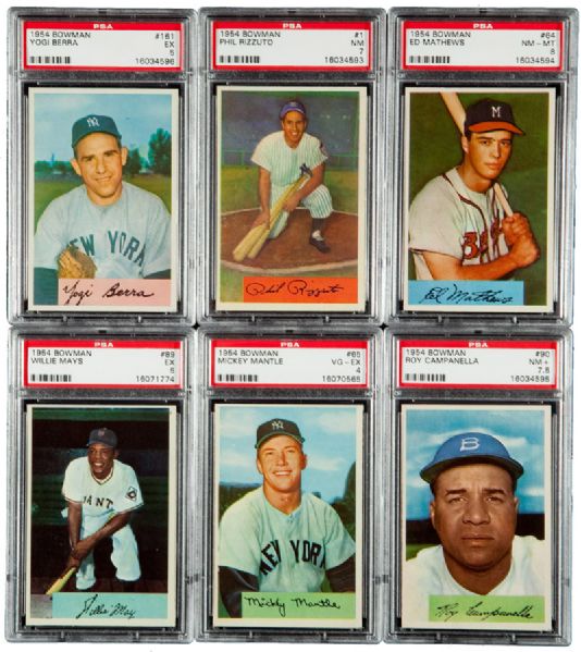 1954 BOWMAN BASEBALL LOT OF 120 DIFFERENT INCLUDING MANTLE, MAYS, BERRA AND 12 OTHER HALL OF FAMERS