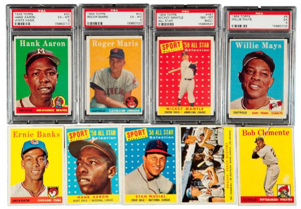 1958 TOPPS BASEBALL LOT OF 68 LOADED WITH STARS INCLUDING MANTLE AS, MARIS, AARON, CLEMENTE, MAYS, ETC.