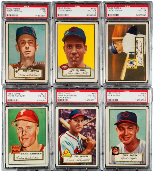 1952 TOPPS BASEBALL PSA GRADED LOT OF 17 INCLUDING NUXHALL, SLAUGHTER AND ASHBURN (ALL BUT ONE PSA 4 OR PSA 4.5) PLUS EXTRAS