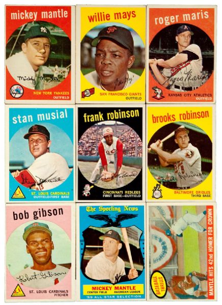 1959 TOPPS BASEBALL LOT OF 103 LOADED WITH STARS INCLUDING MANTLE, GIBSON (3), MAYS, ETC