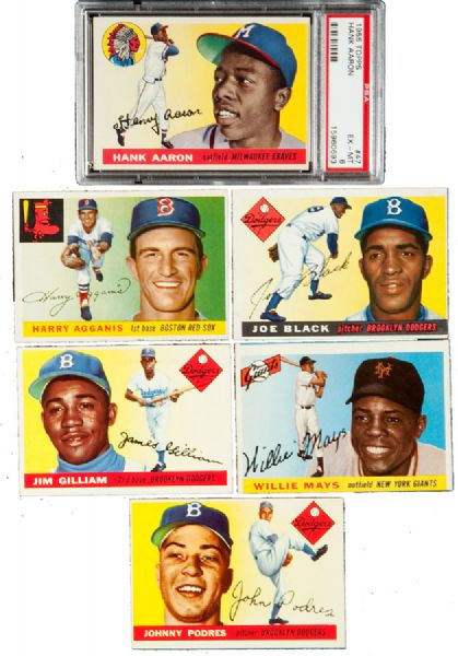 1955 TOPPS BASEBALL LOT OF 65 INCLUDING HANK AARON EX-MT PSA 6 AND WILLIE MAYS