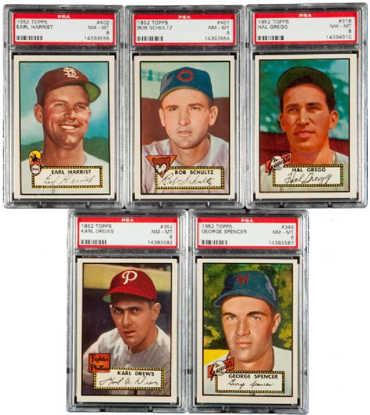 1952 TOPPS BASEBALL NM-MT PSA 8 GRADED LOT OF 5 HIGH NUMBERS