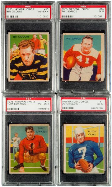 1935 NATIONAL CHICLE FOOTBALL PSA GRADED LOT OF 7 INCLUDING #1 DUTCH CLARK EX PSA 5