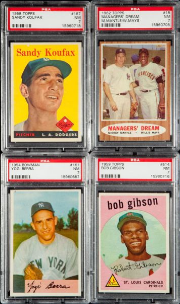 1954 - 1962 BOWMAN AND TOPPS NM-MT PSA 7 GRADED HALL OF FAME LOT WITH MANTLE (3), KOUFAX, AARON, BERRA, ETC.