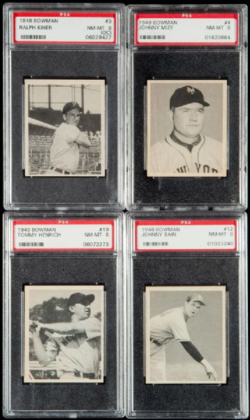 1948 BOWMAN BASEBALL NM-MT PSA 8 GRADED LOT OF 11 INCLUDING KINER, MIZE, AND SLAUGHTER