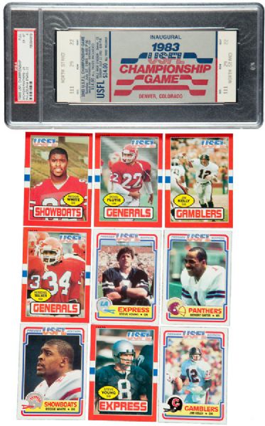 1983 USFL CHAMPIONSHIP GAME EX-MT PSA 6 FULL UNUSED TICKET WITH PENNANT, 1982 USFL OAKLAND INVADERS PENNANT, 1984 AND 1985 TOPPS USFL SETS