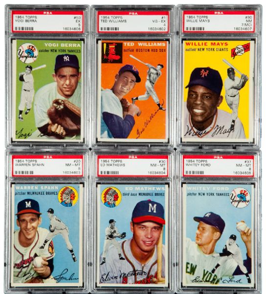 1954 TOPPS BASEBALL LOT OF 68 DIFFERENT INCLUDING MAYS, WILLIAMS, BERRA, FORD AND 5 OTHER HALL OF FAMERS