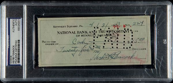 04/03/43 HERB PENNOCK SIGNED CHECK