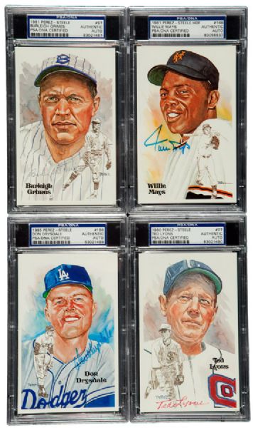 1980-2001 PEREZ-STEELE PSA/DNA CERTIFIED AUTOGRAPHED POSTCARD LOT OF 26 HALL OF FAMERS INCLUDING MAYS, GRIMES, AND LYONS