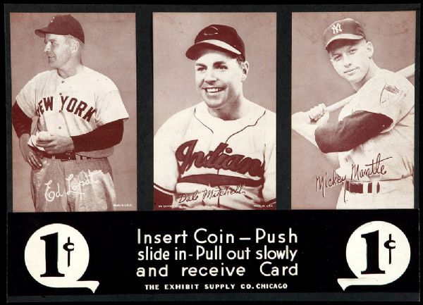 1950S EXHIBIT MACHINE DISPLAY CARD FEATURING MICKEY MANTLE, ED LOPAT, DALE MITCHELL