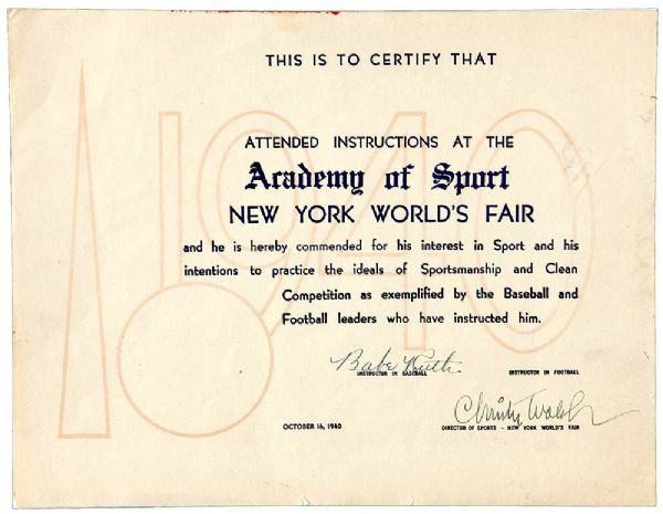 1940S NEW YORK WORLDS FAIR ACADEMY OF SPORT CERTIFICATE SIGNED BY BABE RUTH