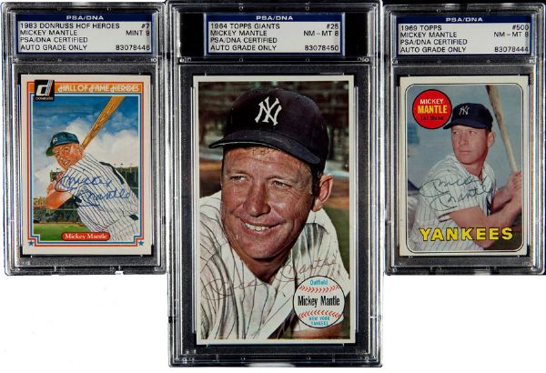 1964 TOPPS GIANT #25 MICKEY MANTLE, 1969 TOPPS #500 MICKEY MANTLE, AND 1983 DONRUSS HOF HEROES #7 MICKEY MANTLE - ALL SIGNED AND GRADED PSA