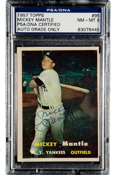 1957 TOPPS #95 MICKEY MANTLE AUTOGRAPHED NM-MT PSA 8