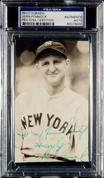 CIRCA 1930 HERB PENNOCK SIGNED GEORGE BURKE PHOTO TO NEW YORK YANKEE TEAMMATE DUSTY RHODES PSA AUTHENTIC