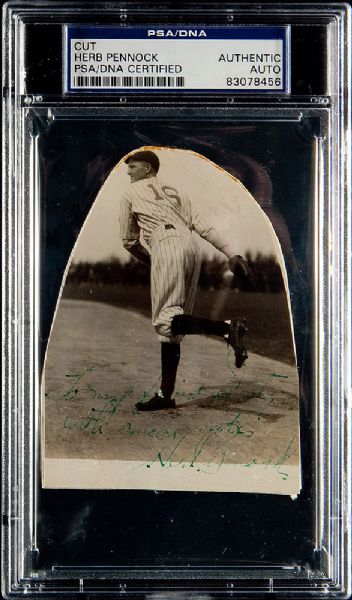 CIRCA 1930 HERB PENNOCK SIGNED PHOTO TO NEW YORK YANKEE TEAMMATE DUSTY RHODES PSA AUTHENTIC