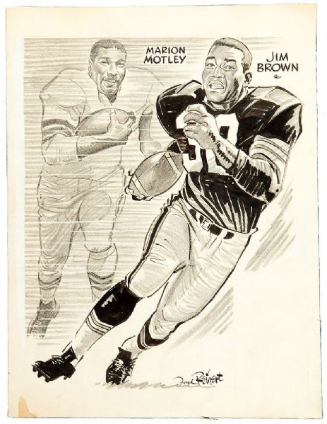 ORIGINAL FRED REINERT FOOTBALL ARTWORK WITH JIM BROWN AND MARION MOTLEY