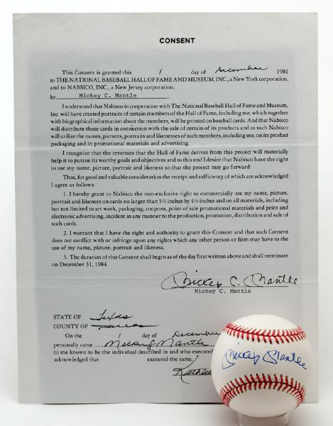 MICKEY MANTLE SIGNED NABISCO CONTRACT AND HIGH GRADE PSA/DNA 8.5 (OAL) BASEBALL LOT
