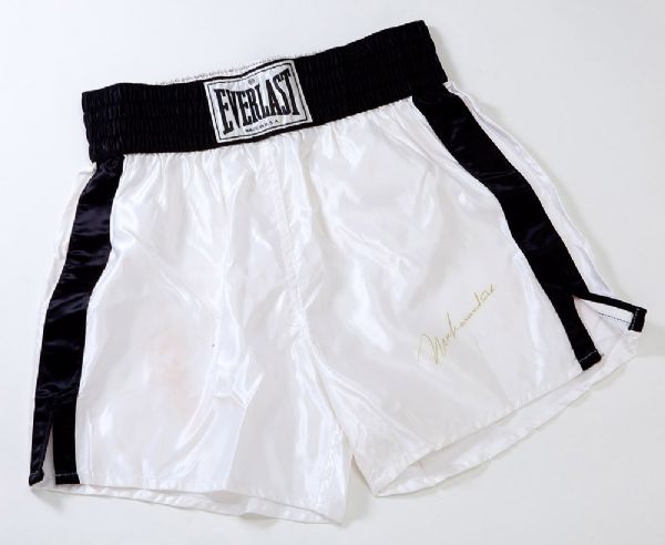 CIRCA 1981 MUHAMMAD ALI SIGNED TRAINING TRUNKS (MEARS AUTHENTIC)