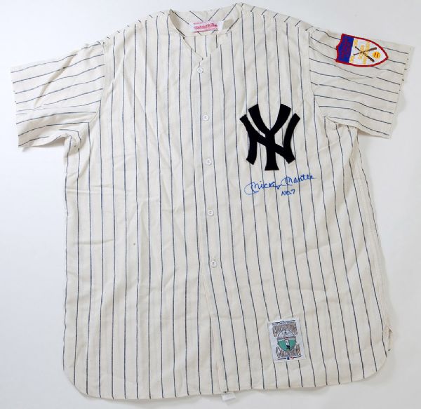 MICKEY MANTLE SIGNED MITCHELL & NESS COOPERSTOWN COLLECTION JERSEY WITH NO. 7 INSCRIPTION
