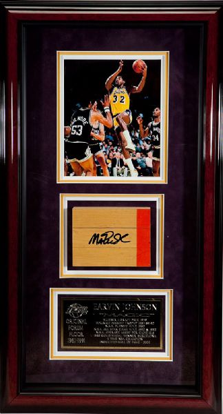 BEAUTIFULLY FRAMED LOS ANGELES LAKERS ORIGINAL FORUM FLOOR PIECE SIGNED BY MAGIC JOHNSON