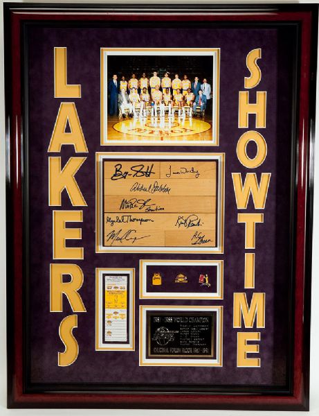 LOS ANGELES LAKERS SHOWTIME FRAMED DISPLAY WITH SIGNED PIECE OF ORIGINAL FORUM FLOOR