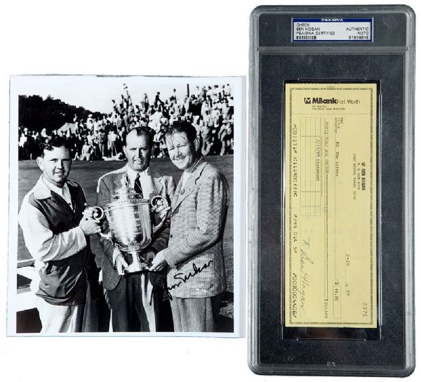 BYRON NELSON SIGNED PHOTO AND BEN HOGAN CHECK