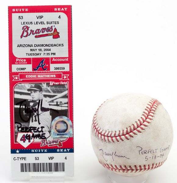 RANDY JOHNSON SIGNED AND INSCRIBED GAME USED BASEBALL AND FULL TICKET FROM HIS PERFECT GAME ON MAY 18, 2004